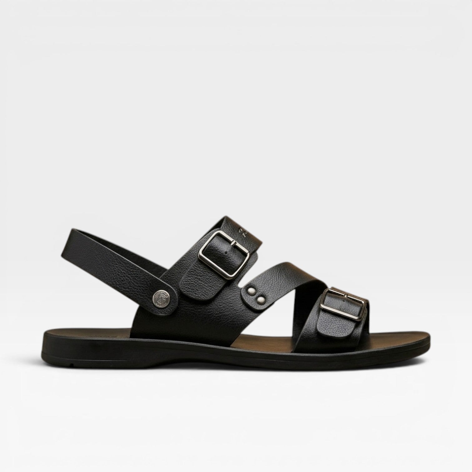 Men's adjustable leather sandals two buckle straps detail view