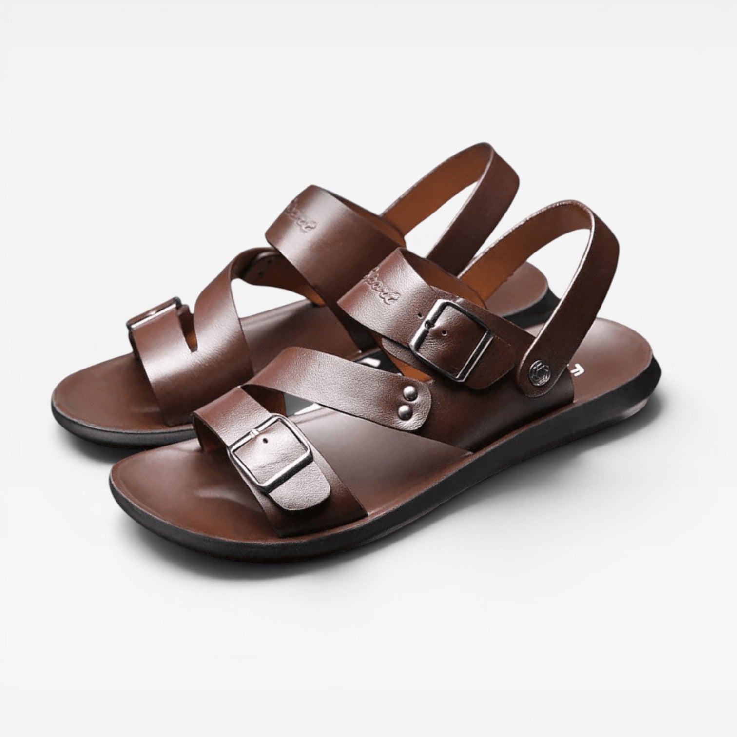 Men's adjustable buckle leather sandals - brown