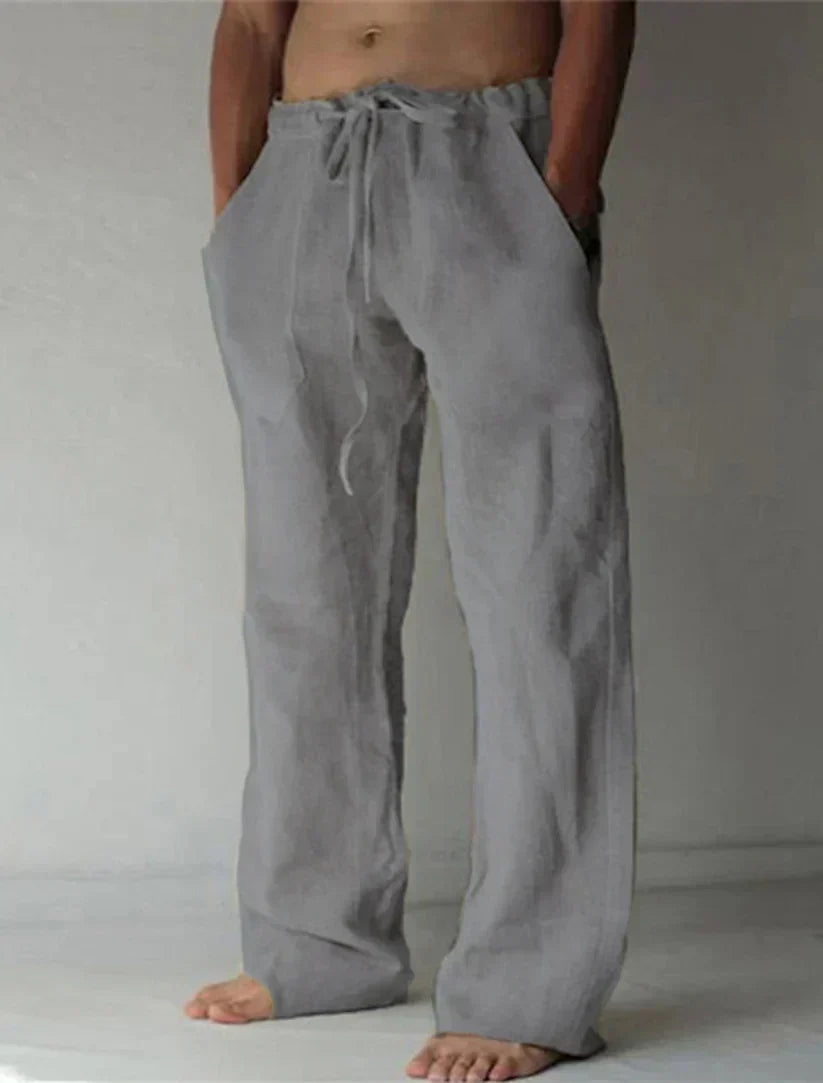 mens baggy linen pants | relaxed casual fit summer bottoms - close-up view