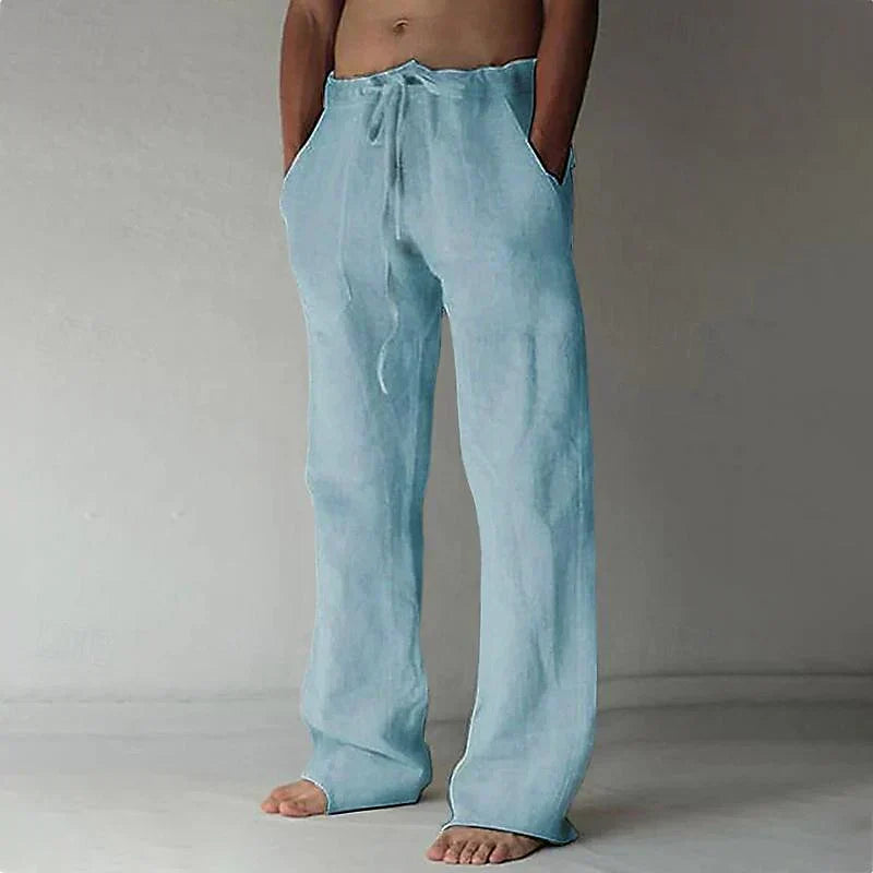 mens baggy linen pants | relaxed casual fit summer bottoms - flat lay view