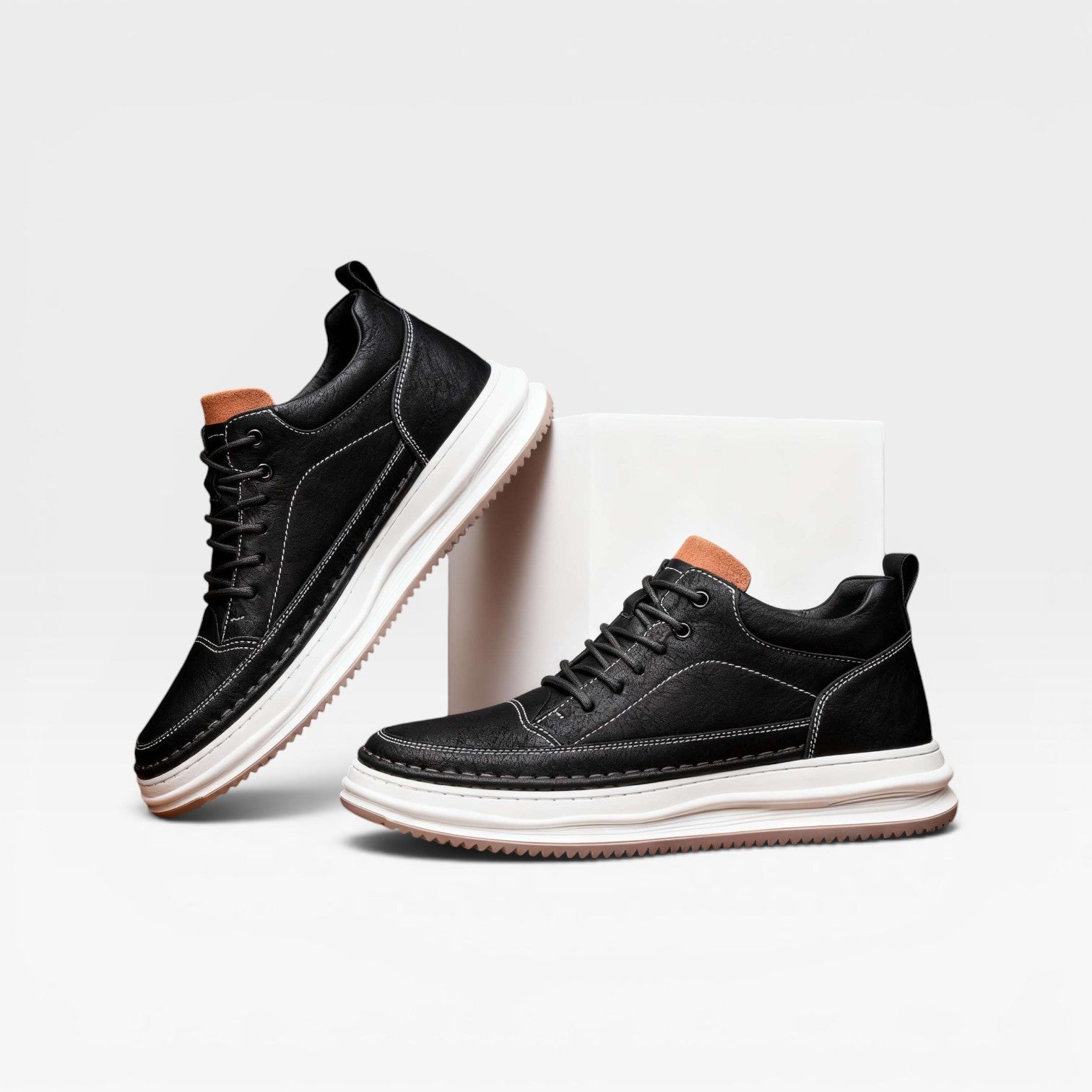 Men's burnished leather trainers cushioned white sole view