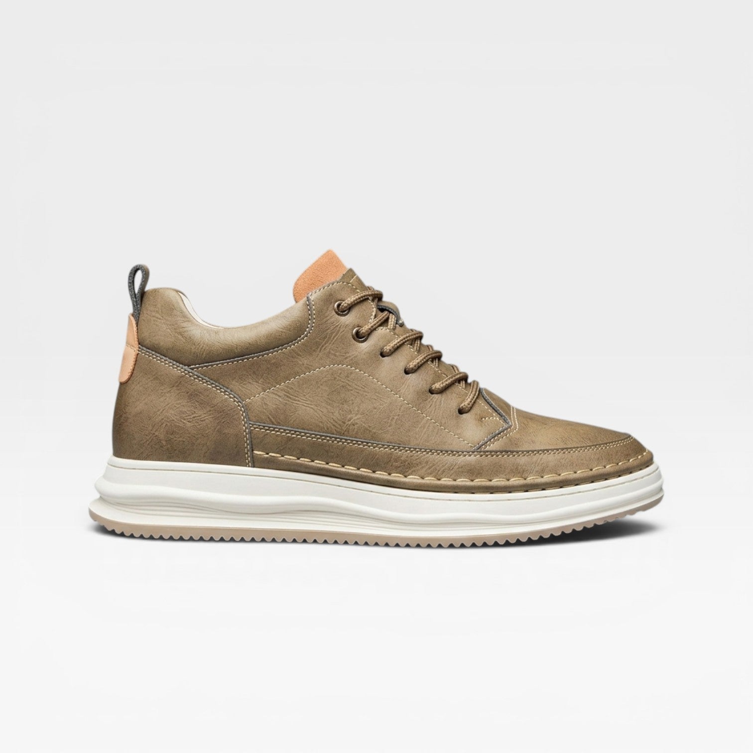 Men's burnished leather lace-up trainers hand-stitched - khaki