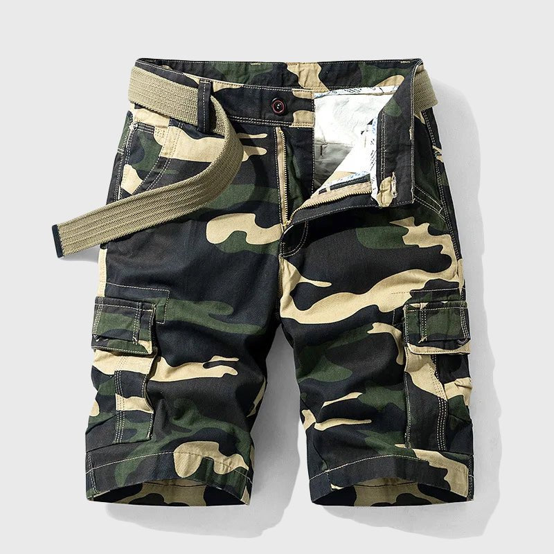 men's camouflage cargo shorts with belt - front view