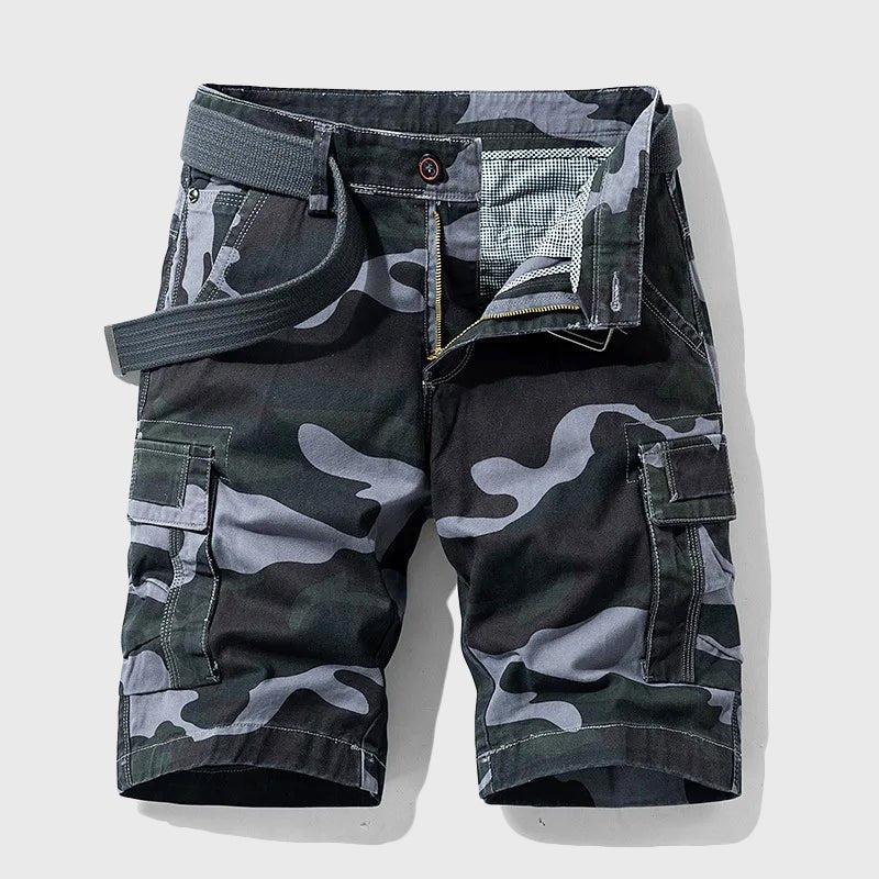 men's camouflage cargo shorts with belt - detail view