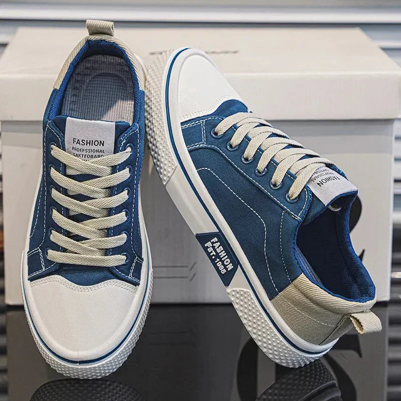 Men's lace-up canvas casual sneakers - Blue color front view