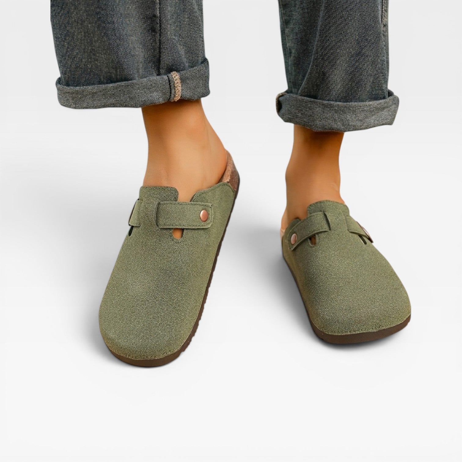 Men's cork footbed clogs flat lay view