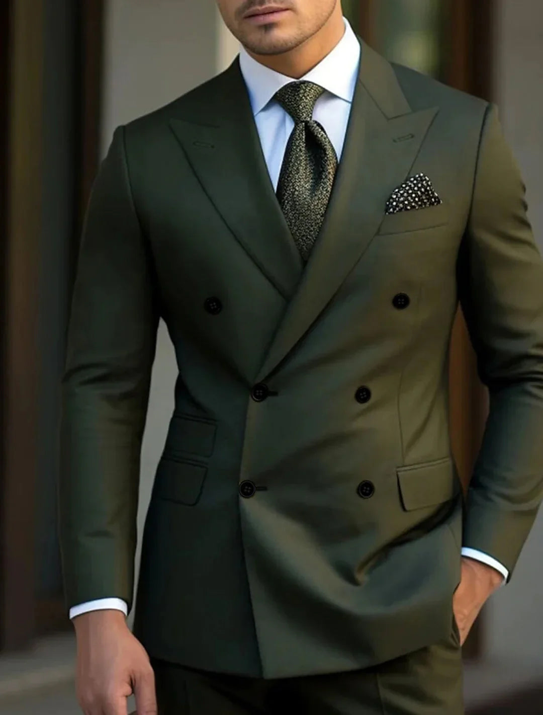 Men's double-breasted suit dark green