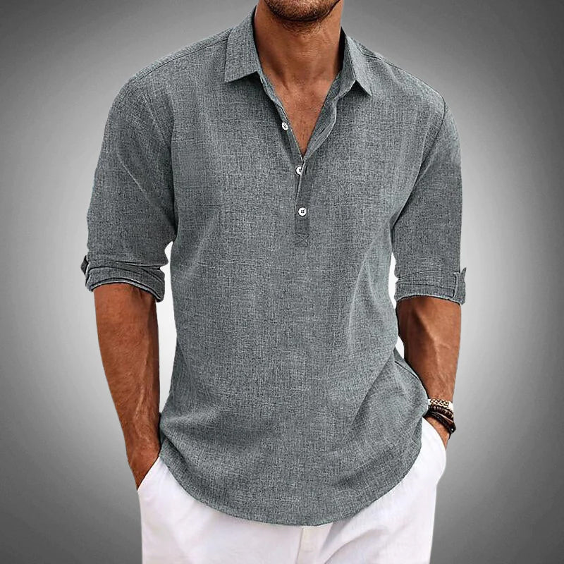 mens half-button linen shirt | open collar casual summer top - side view