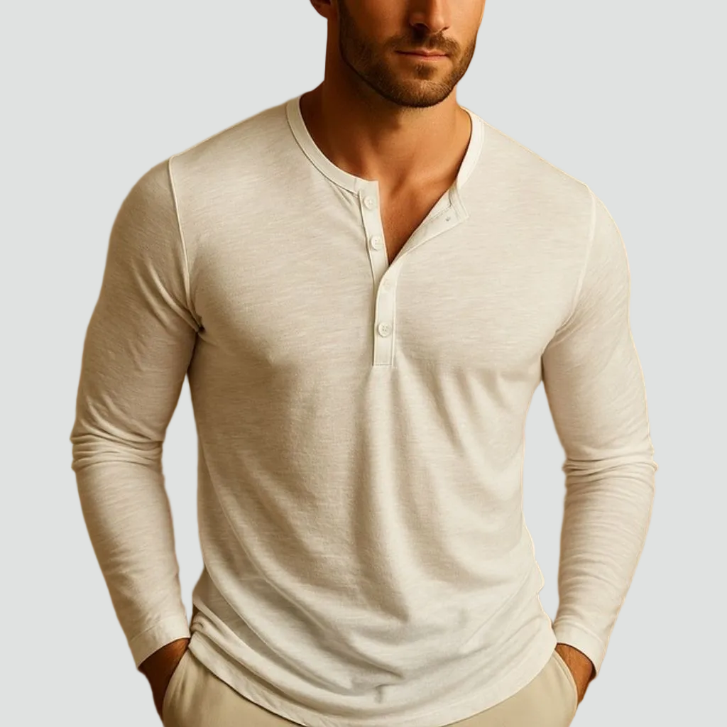 mens henley shirt long sleeve | casual button placket comfort top - front view