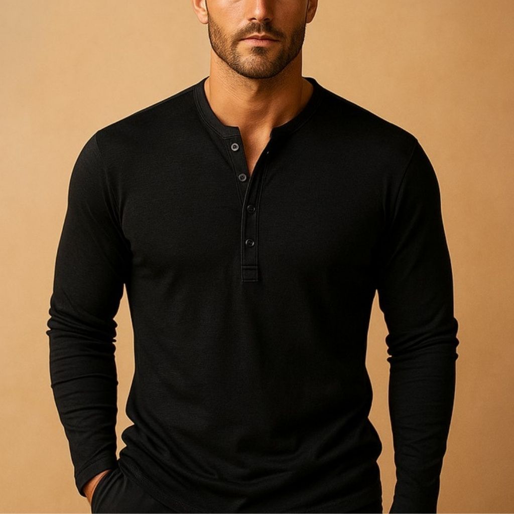 mens henley shirt long sleeve | casual button placket comfort top - side view
