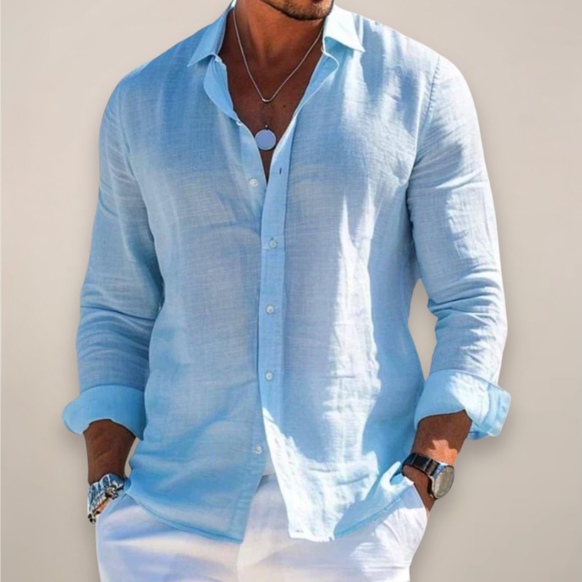 Men's linen long sleeve button-up shirt - back view