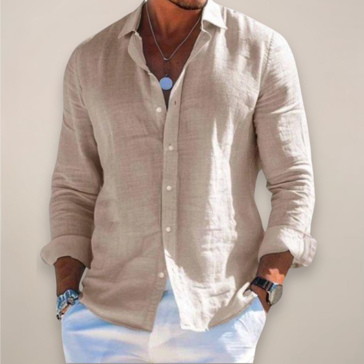 Men's linen long sleeve button-up shirt - worn view