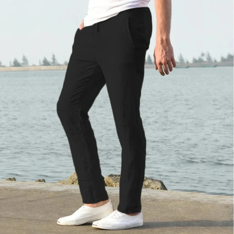 mens relaxed fit linen trousers | breathable casual summer pants - alternate view