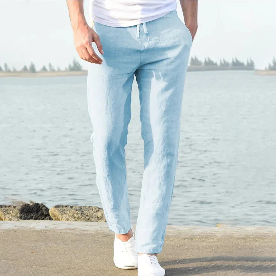 mens relaxed fit linen trousers | breathable casual summer pants - back view