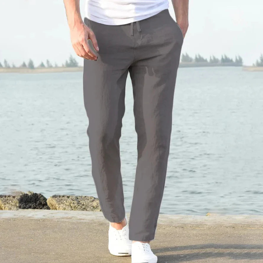 mens relaxed fit linen trousers | breathable casual summer pants - lifestyle view