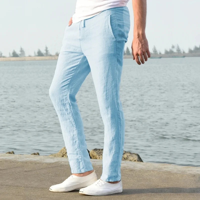 mens relaxed fit linen trousers | breathable casual summer pants - side view