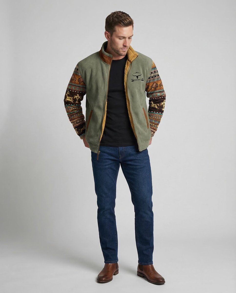 Men's Sherpa-Lined Fleece Full-Zip Jacket | Southwestern Print Sleeves - photo 1