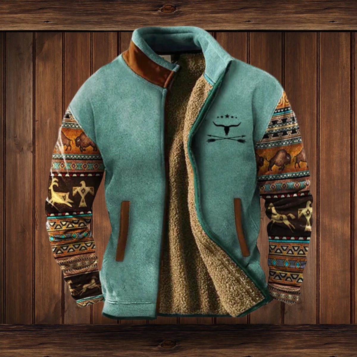 Men's Sherpa-Lined Fleece Full-Zip Jacket | Southwestern Print Sleeves - photo 6