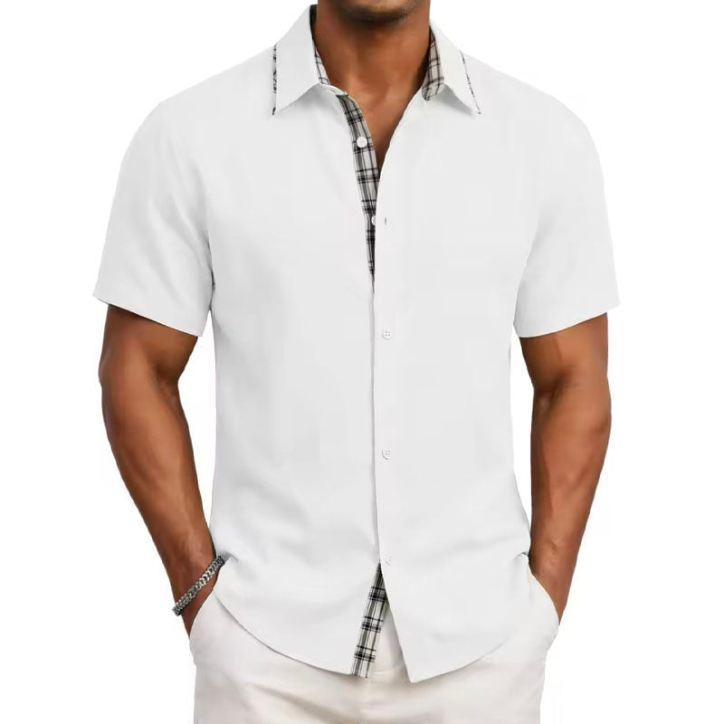 men's short sleeve shirt with plaid trim - back view