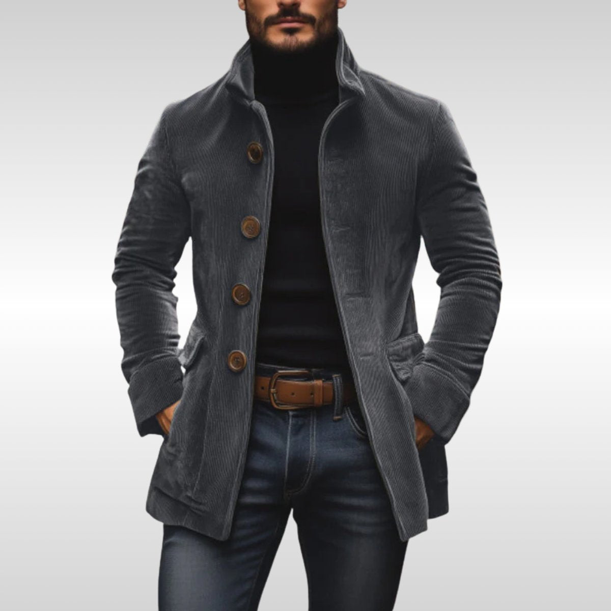 Men's Slim-Fit Corduroy Stand-Collar Wool Coat - photo 1