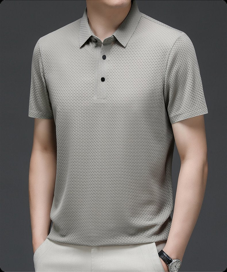 men's button placket textured knit polo shirt - back view
