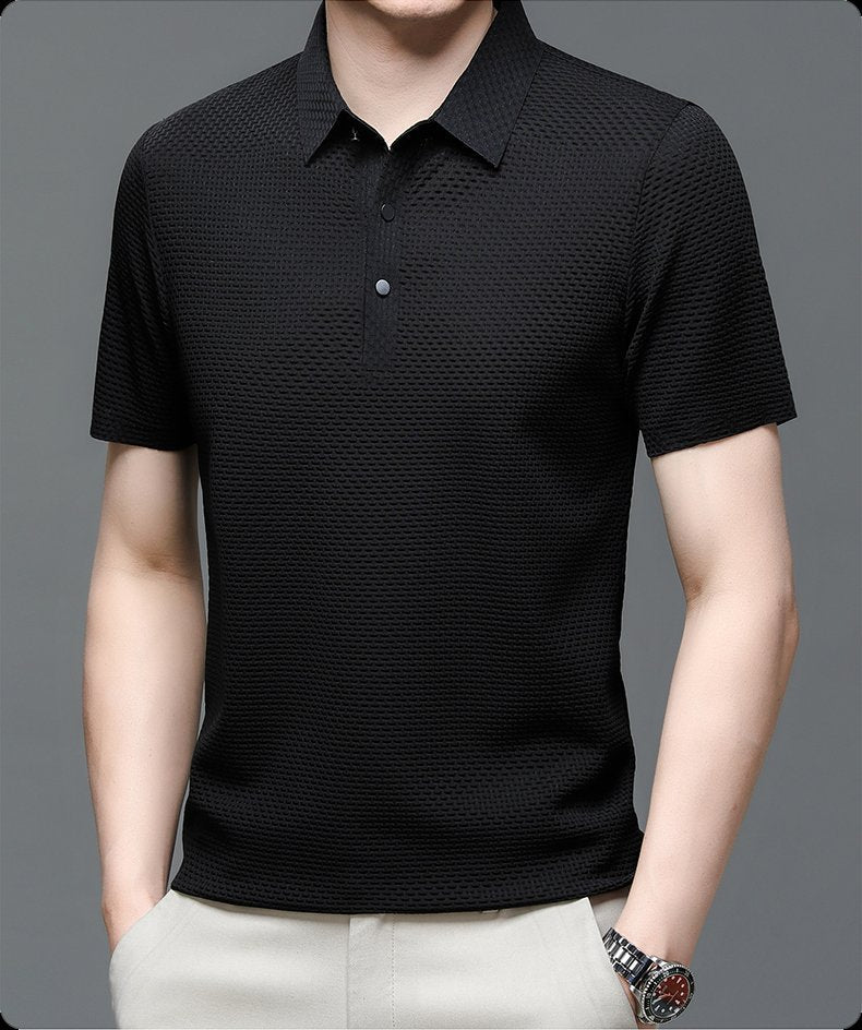 men's button placket textured knit polo shirt - detail view