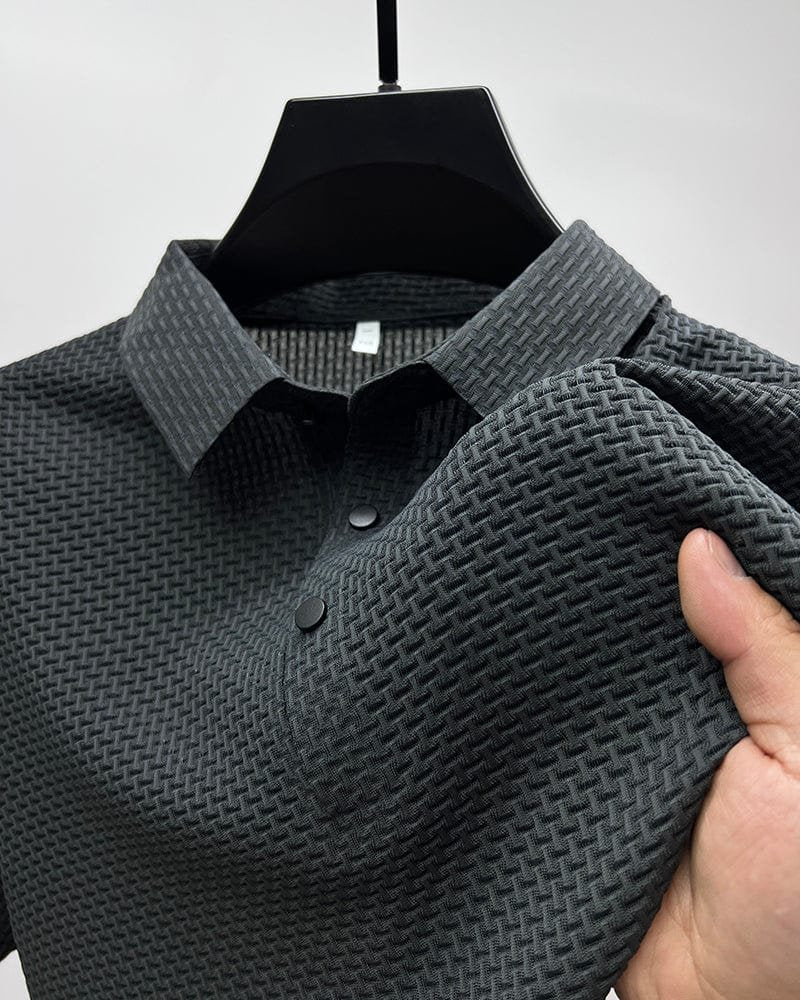 men's button placket textured knit polo shirt - lifestyle view