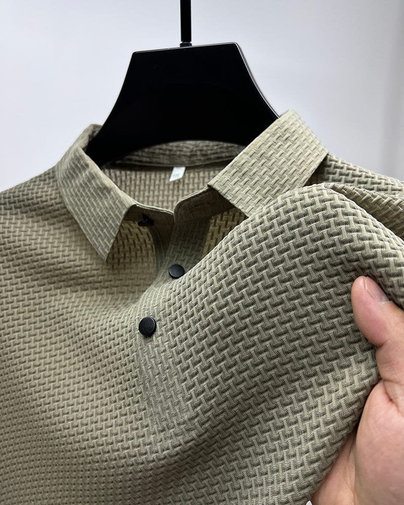 men's button placket textured knit polo shirt - flat lay view