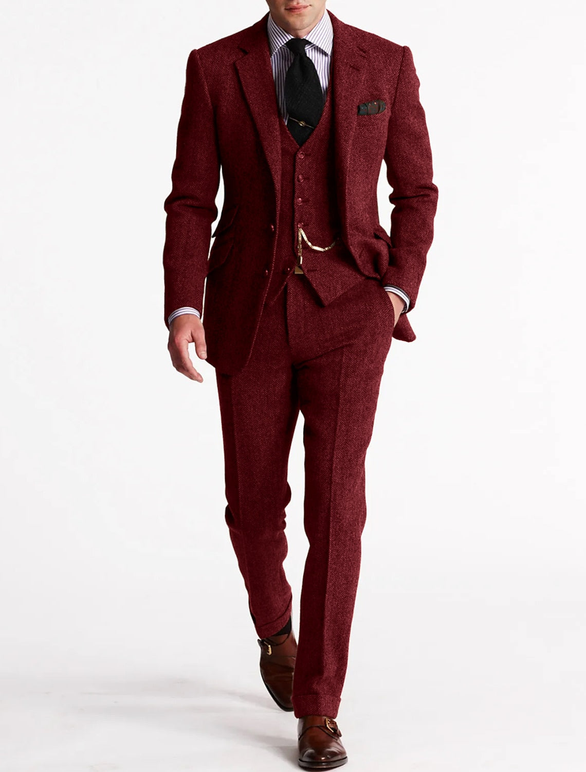 Men's Tweed Herringbone 3-Piece Suit | Slim Fit Notch Lapel Wedding