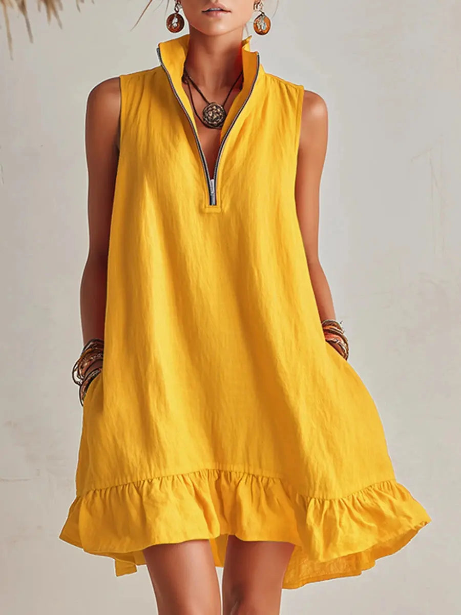 Women's Orange Cotton Mini Dress with Pockets | Stand Collar Half-Zip