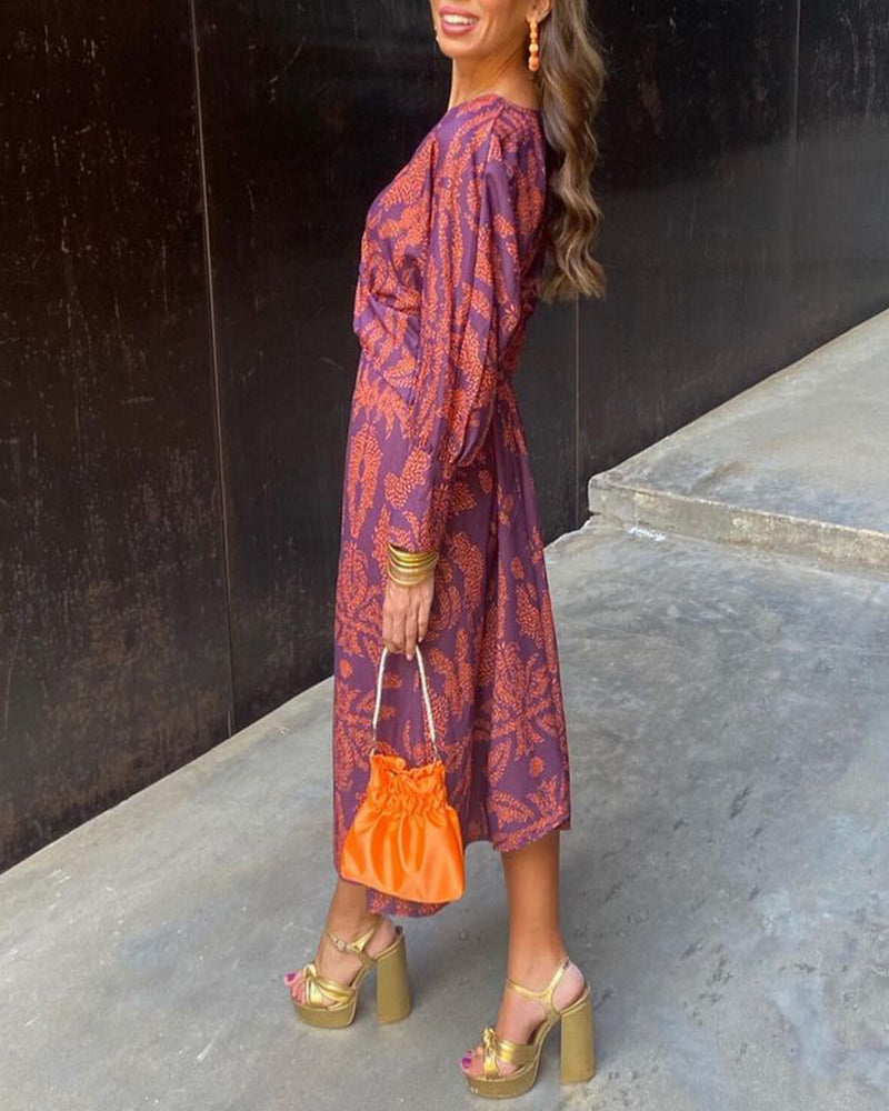 Women's Paisley Print V-Neck Long Sleeve Wrap Belted Maxi Dress Boho Resort