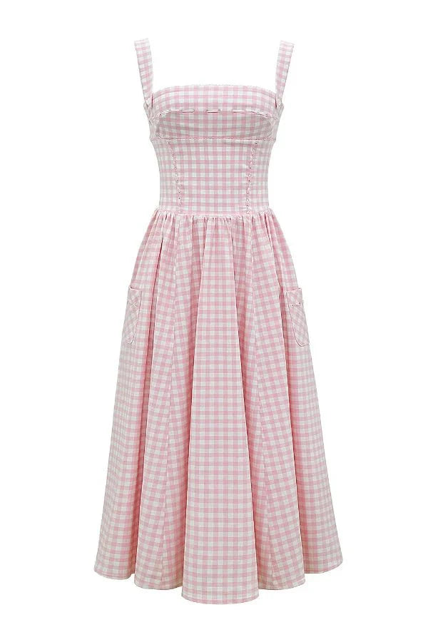 Women's Gingham Sweetheart Neck Smocked Bodice Flared Midi Dress with Pockets