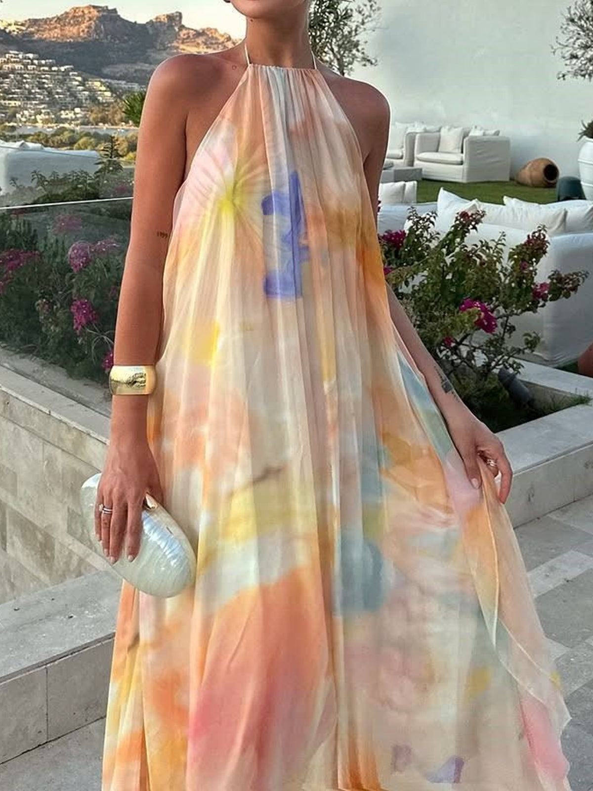 Women's Backless Halter Maxi Dress | Floral Chiffon A-Line Resort & Beach Dress