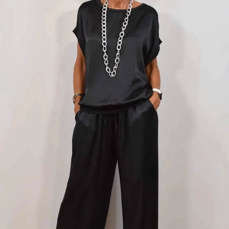 Women's Short Sleeve Crew Neck Top and Wide Leg Pants Two-Piece Set