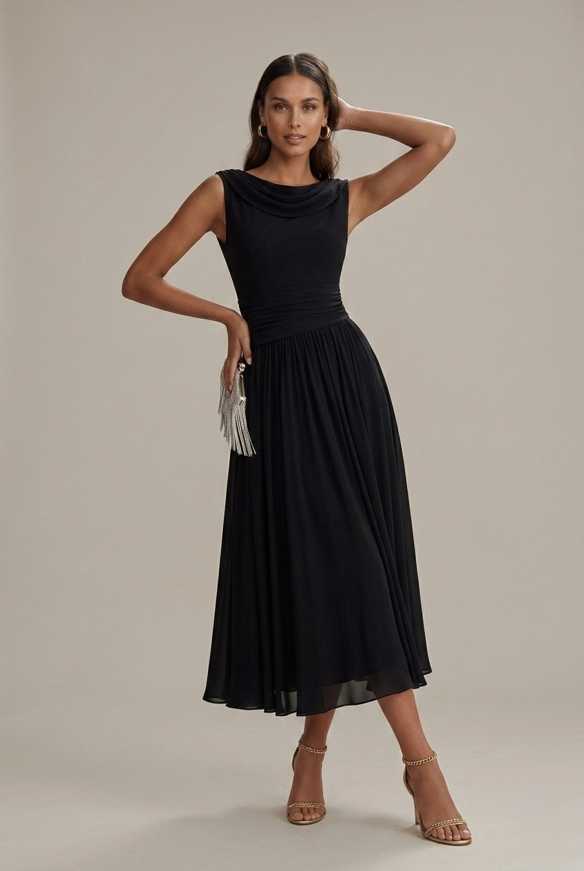 Women's White Sleeveless Pleated Midi Dress | Draped Neckline Casual Elegant Everyday Dress