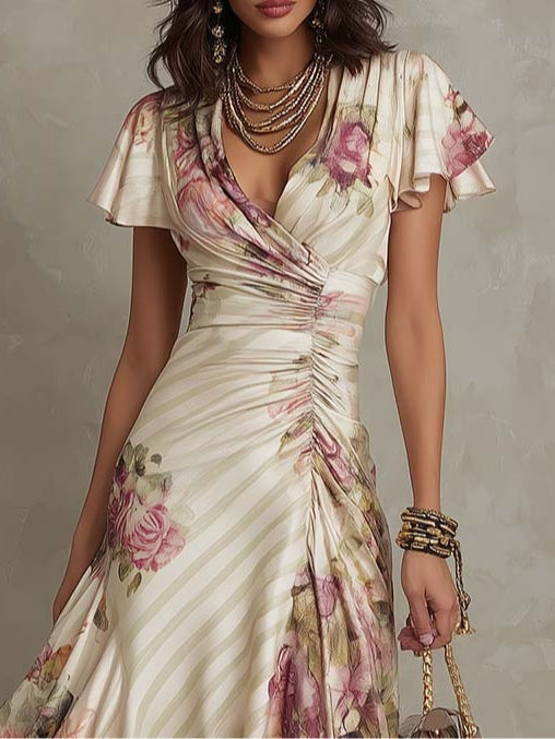 Women's Vintage Satin Midi Dress | Wrap V-Neck Ruched