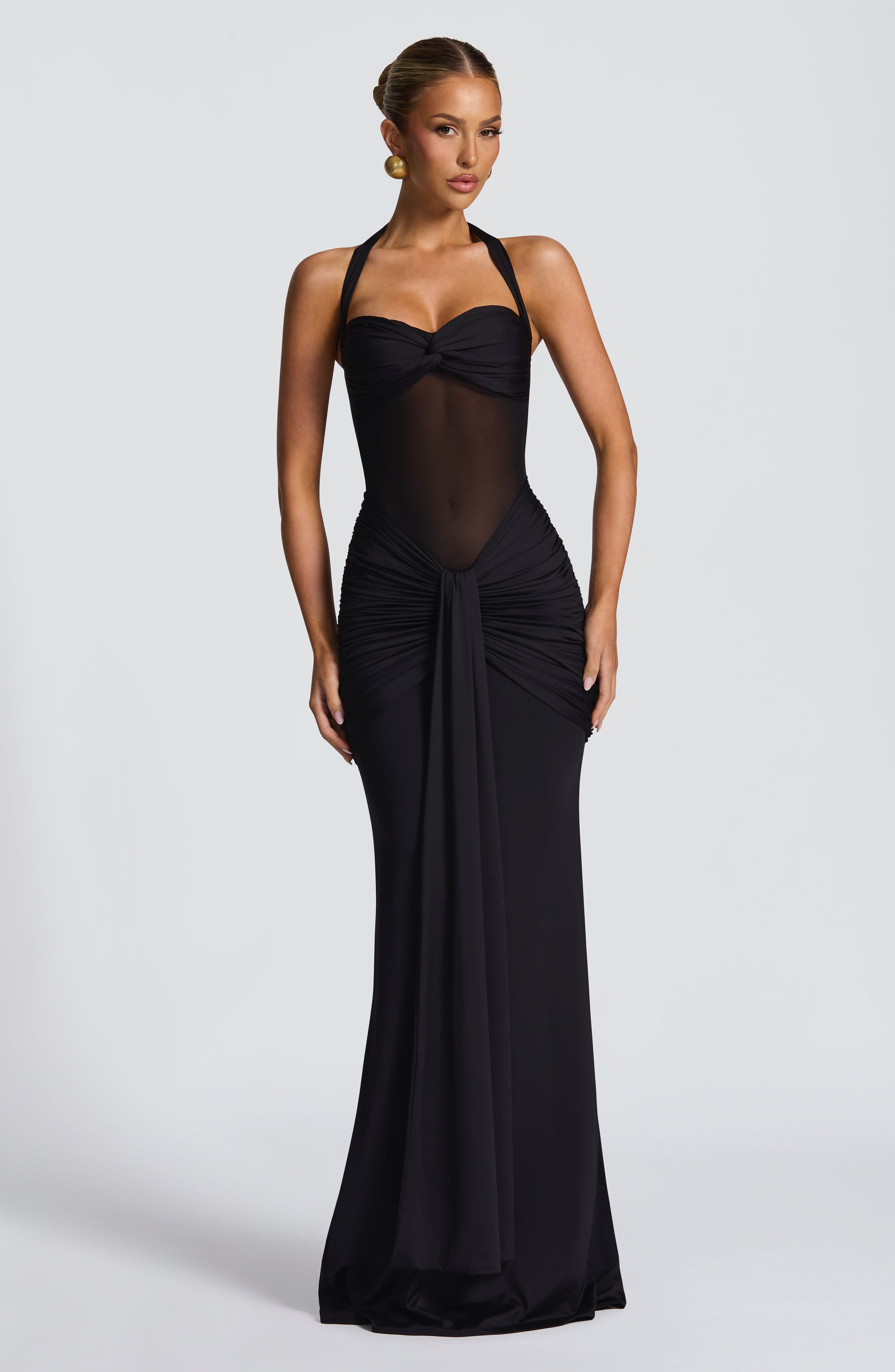 Women's Red Halter Neck Sweetheart Ruched Fitted Maxi Evening Dress Wedding Guest