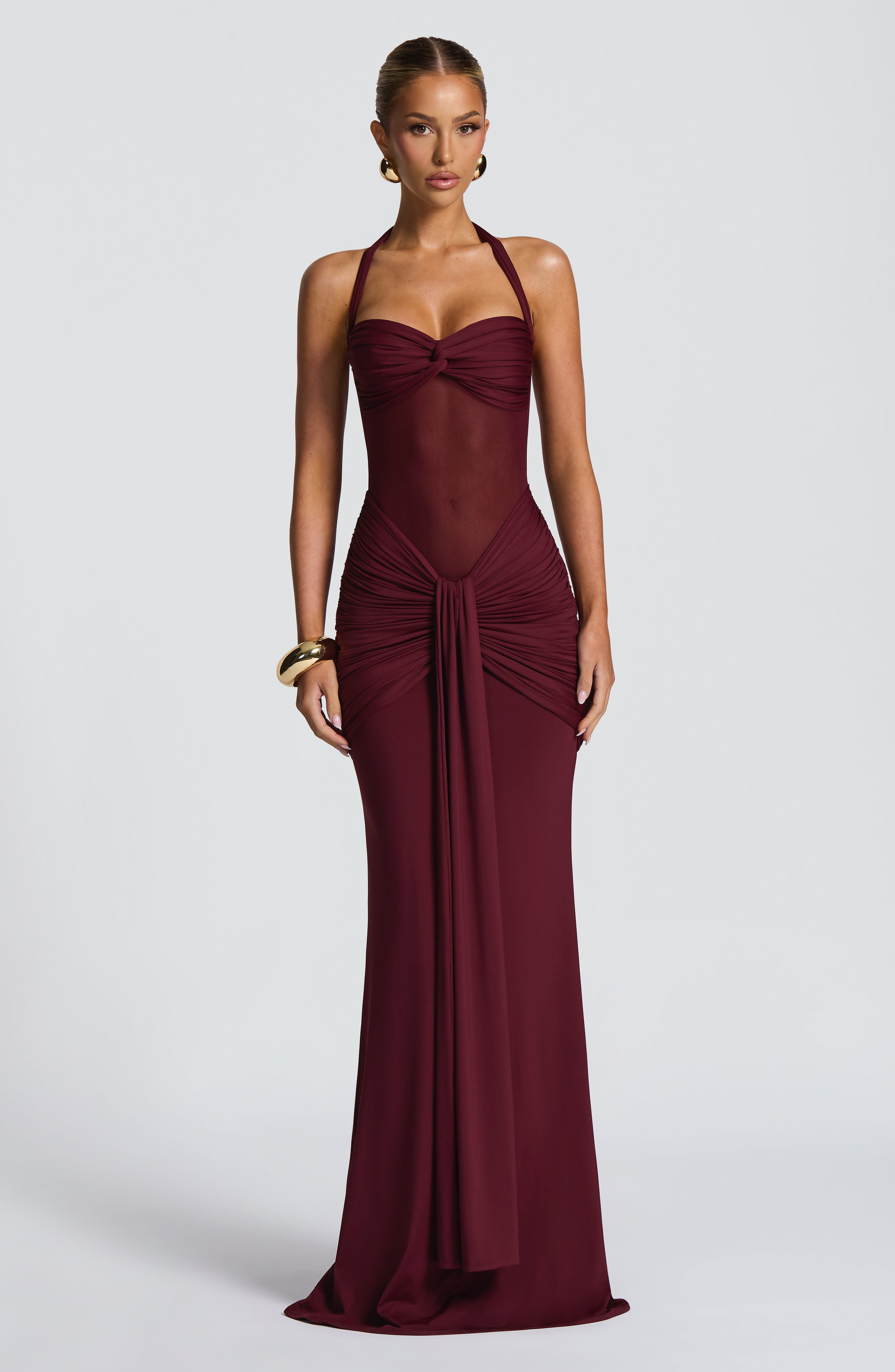 Women's Red Halter Neck Sweetheart Ruched Fitted Maxi Evening Dress Wedding Guest