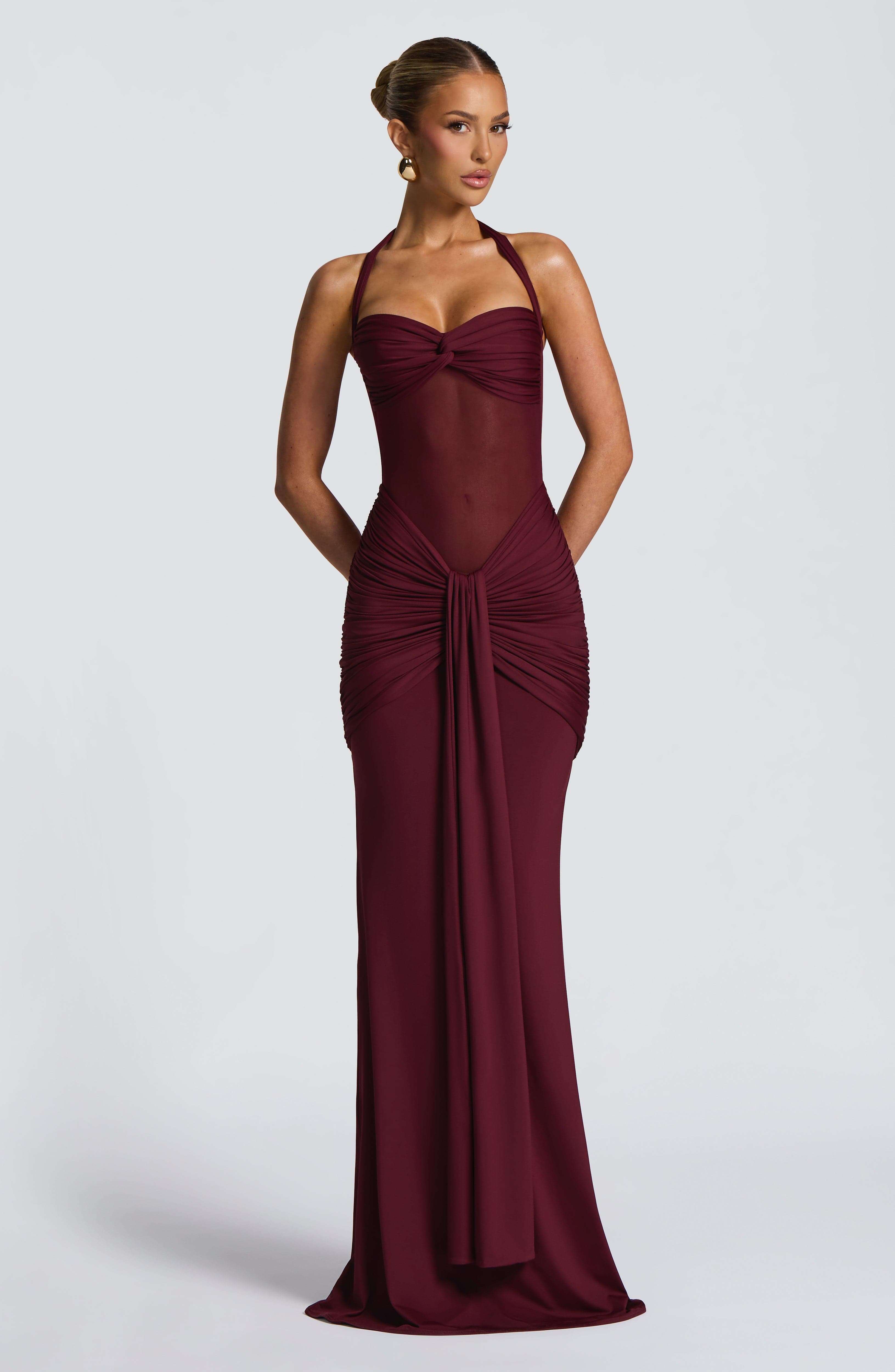 Women's Red Halter Neck Sweetheart Ruched Fitted Maxi Evening Dress Wedding Guest