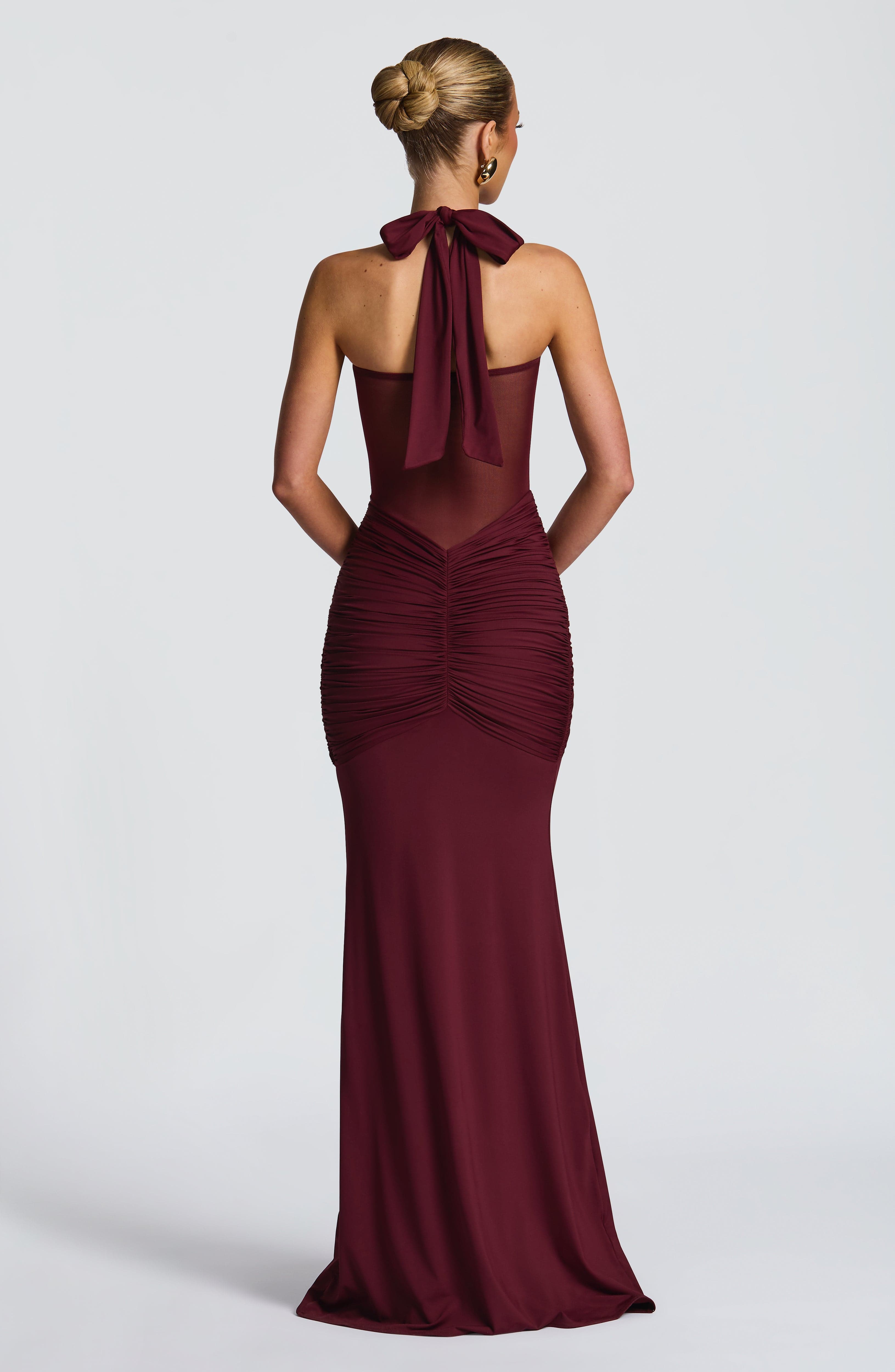 Women's Red Halter Neck Sweetheart Ruched Fitted Maxi Evening Dress Wedding Guest