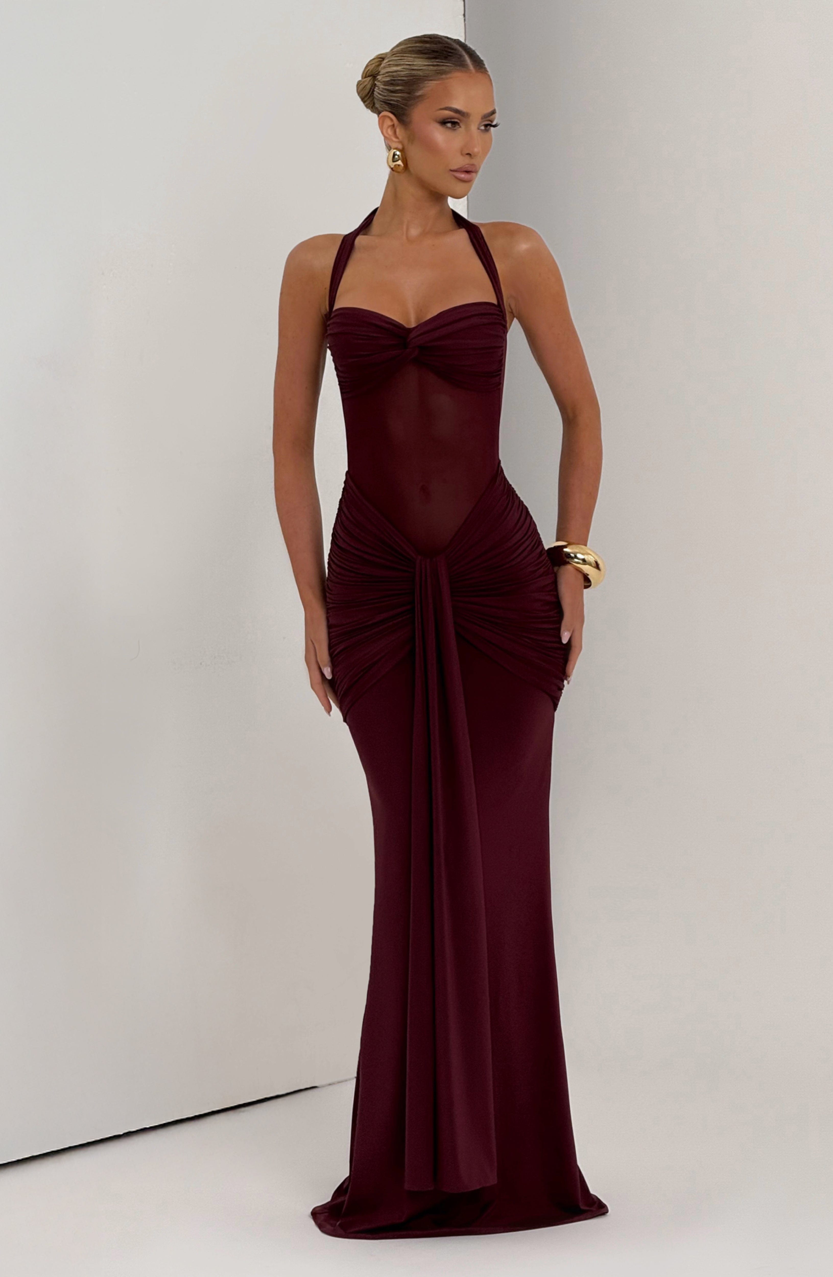 Women's Red Halter Neck Sweetheart Ruched Fitted Maxi Evening Dress Wedding Guest