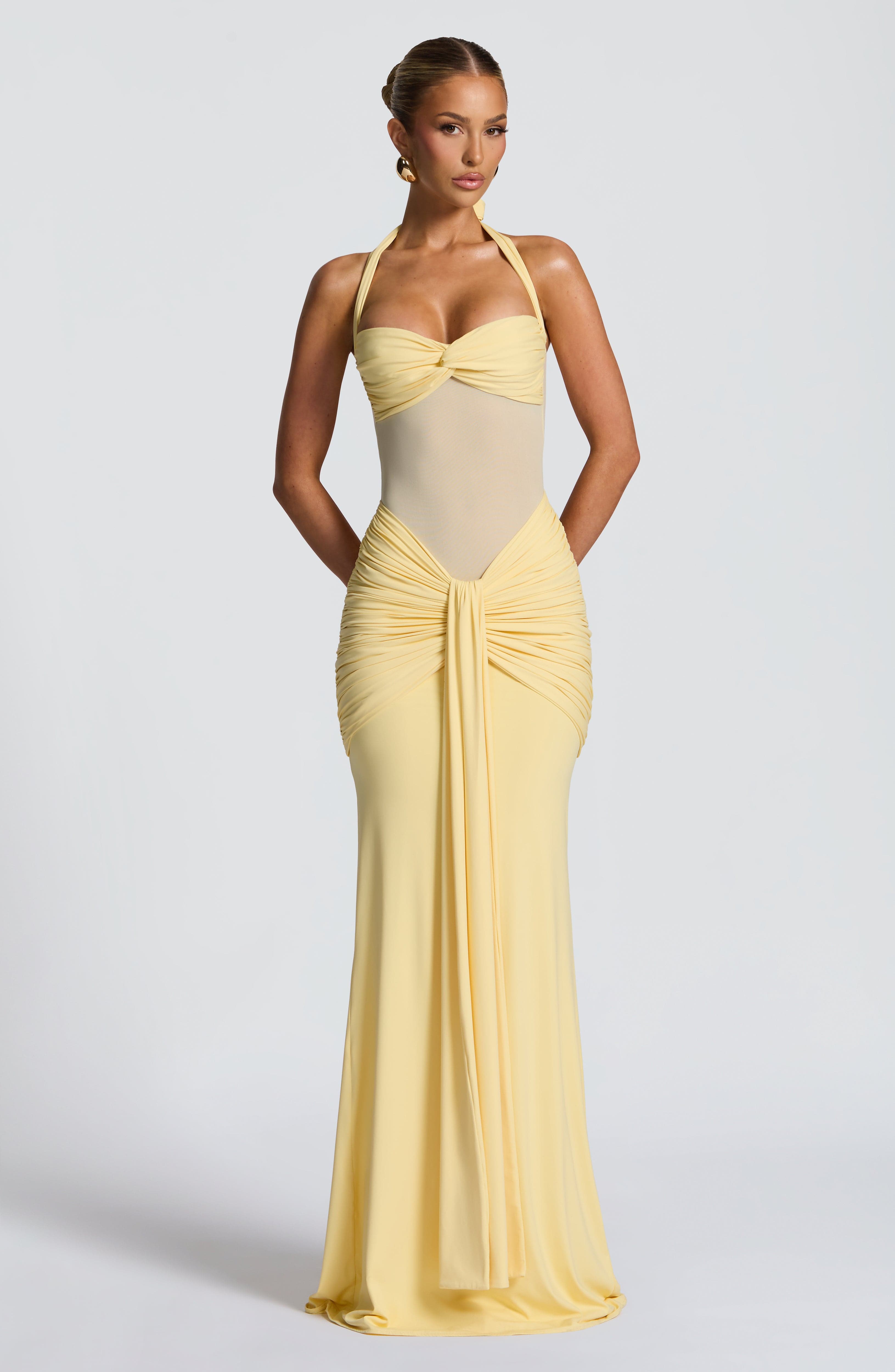 Women's Red Halter Neck Sweetheart Ruched Fitted Maxi Evening Dress Wedding Guest