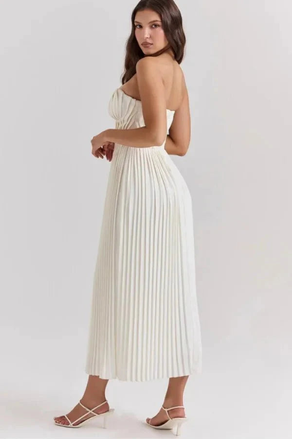 Women's Strapless Sweetheart Neck Pleated Midi Dress Wedding Bridal