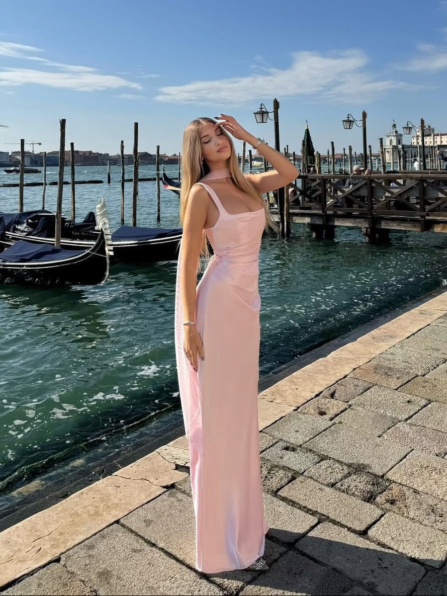 Women's Green Cowl Neck Sleeveless Fitted Maxi Evening Dress Wedding Guest