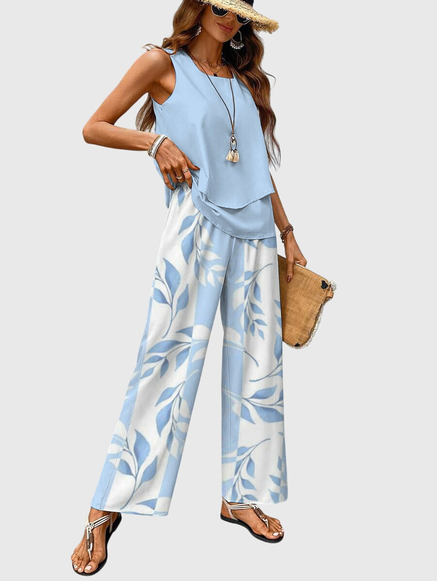 Women's Sleeveless Layered Tank Top and Wide Leg Pants Two-Piece Set Summer Casual