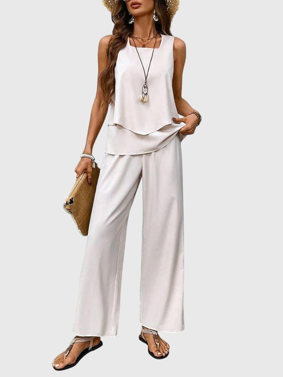 Women's Sleeveless Layered Tank Top and Wide Leg Pants Two-Piece Set Summer Casual
