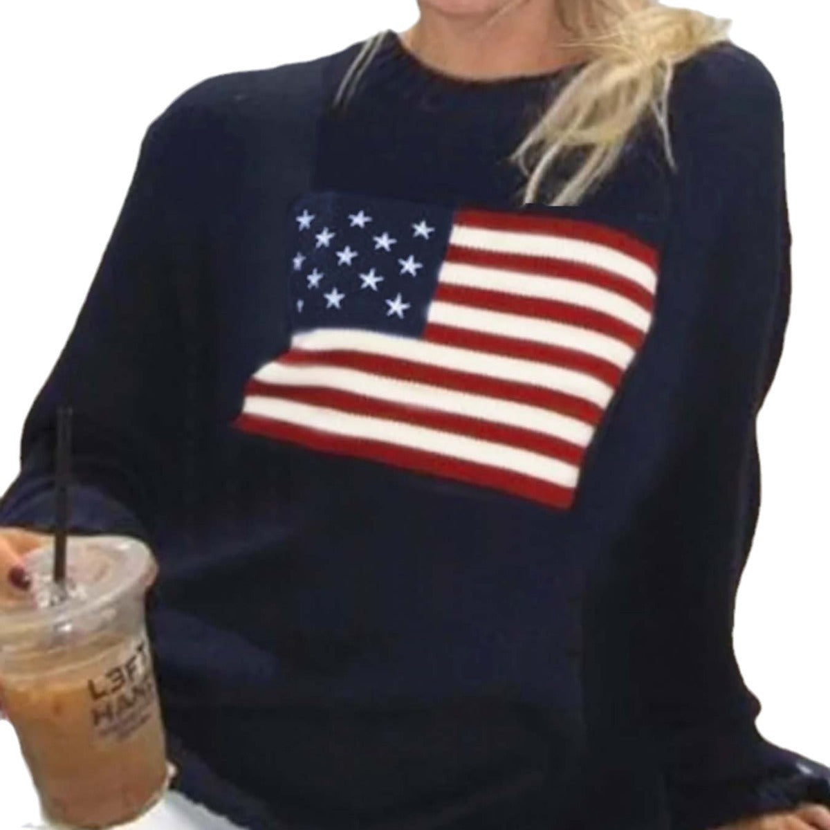 women's american flag knitted sweater - worn view