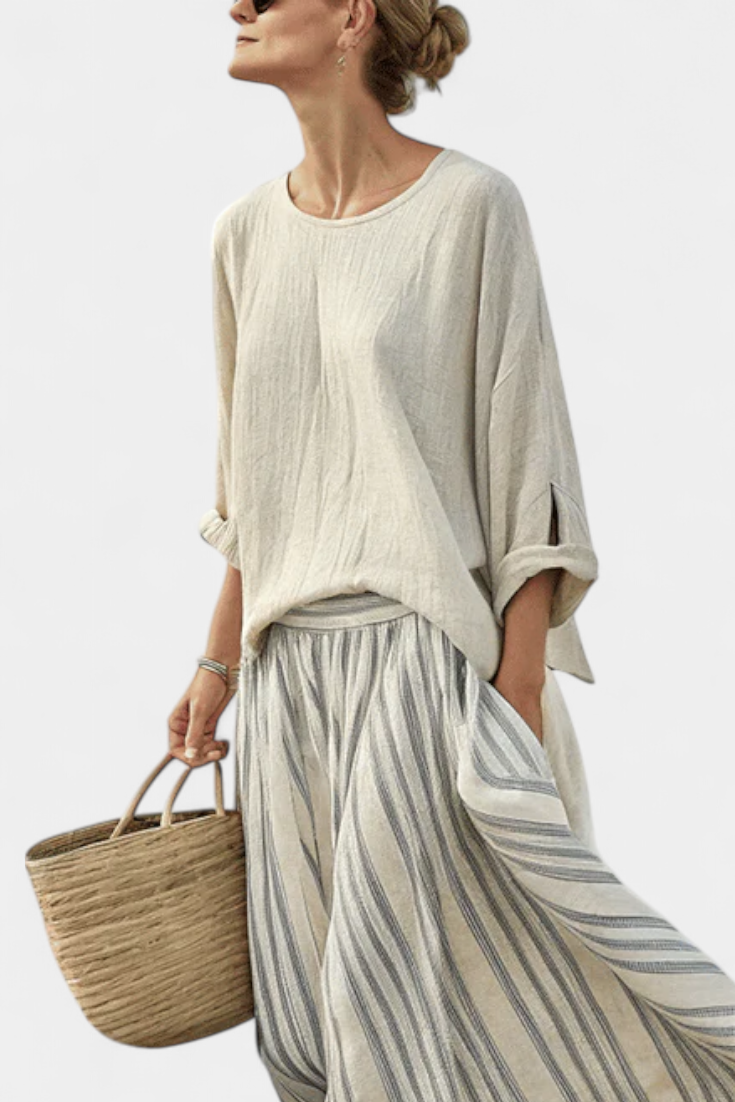 Women's bamboo linen blouse and striped midi skirt set - side view