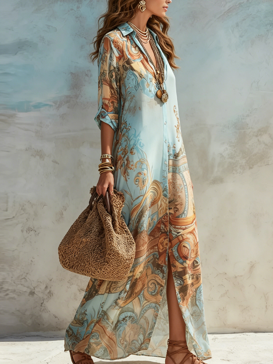 Women's Blue Printed Shirt Maxi Dress | Long Button-Down Casual Dress