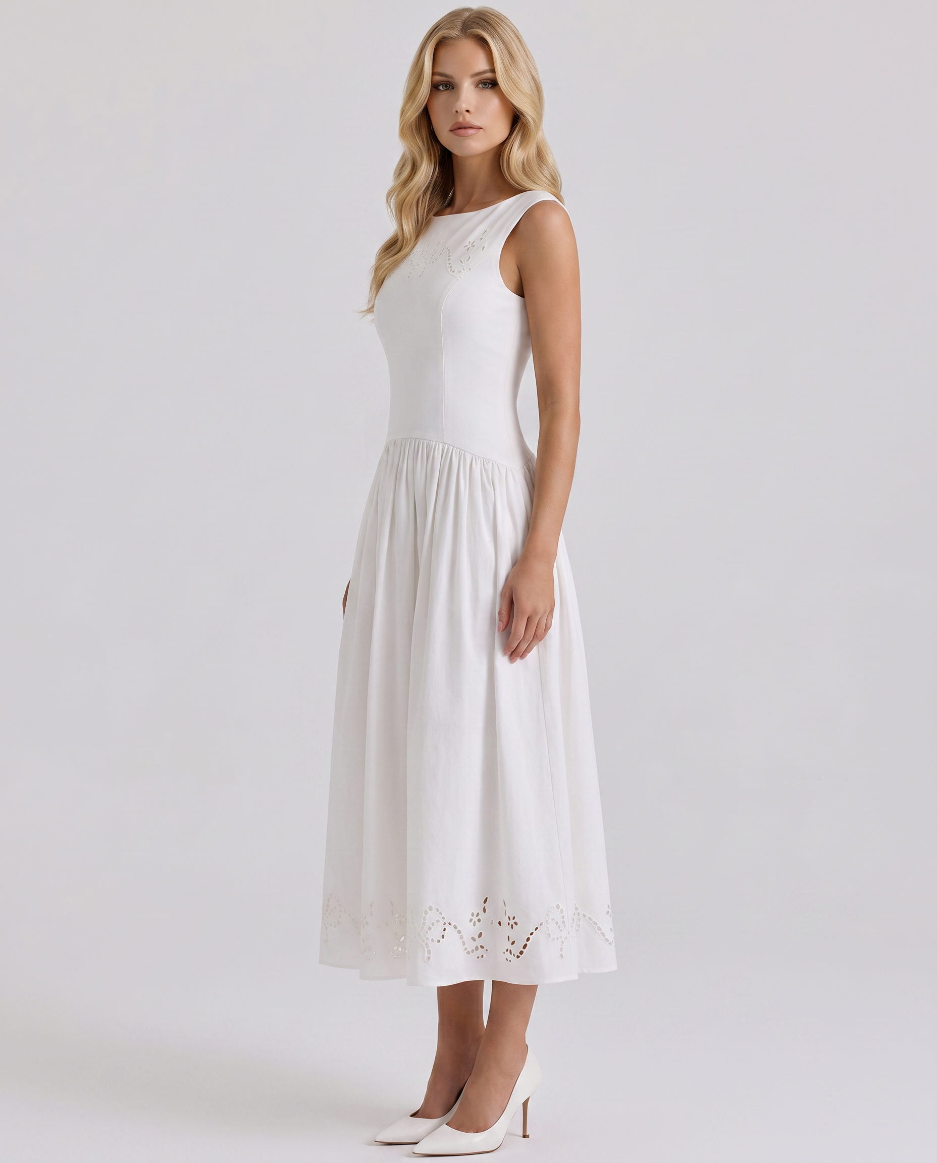 Women's Boat Neck Eyelet Midi Dress | White Casual Summer Dress